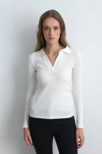 Gusto Polo Collar Cotton Knitted Blouse - Ecru