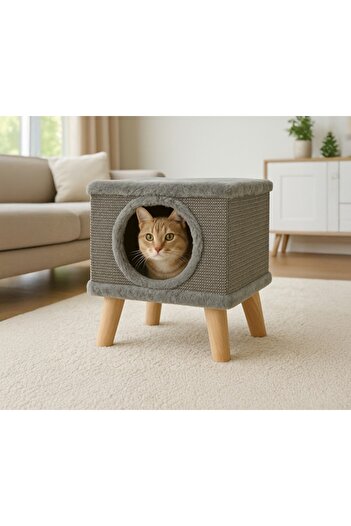 Purlov Gray cat house 38x32x32 cm with wooden legs – Comfortable bed for the cat