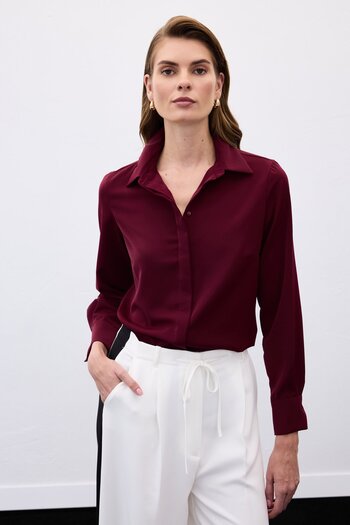 Sateen Klasik Düz Gömlek - Bordo