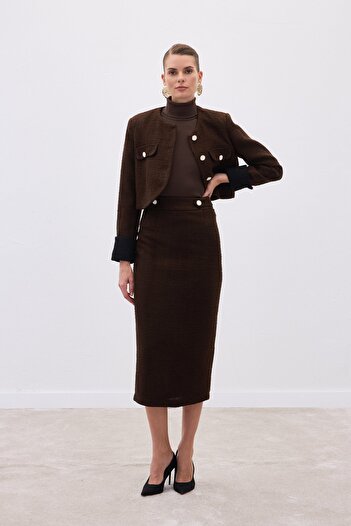 Sateen Tweed Pencil Skirt with Ornamental Buttons - Brown