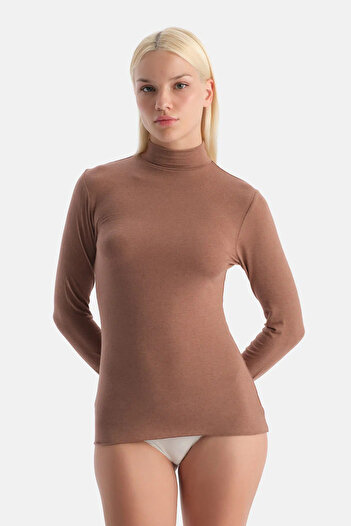 Dagi Mocha Modal Cashmere Turtleneck Long Sleeve Top