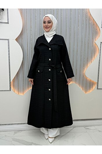 QUAWEAR Seasonal Large Size Top Coat with Belt, Stone Buttons and Flap Pockets