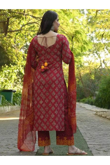 MYSMAR Maroon Viscose Cotton Printed Salwar Kameez & Dupatta - ALV1444 | Maroon