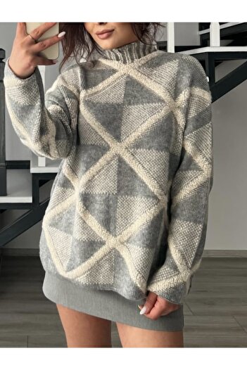 qstyle As&Sa Women's Oversized Sweater with Baklava Pattern