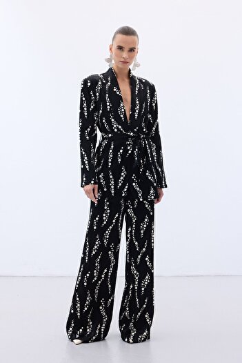 Sateen Patterned Wide Leg Trousers - Black