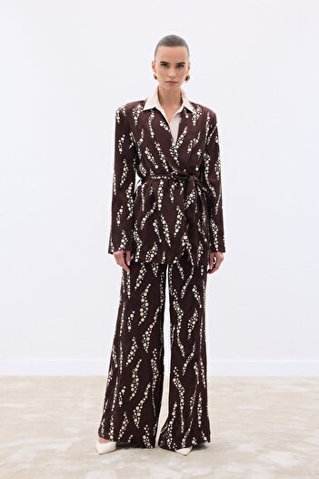 Sateen Patterned Wide Leg Trousers - Brown