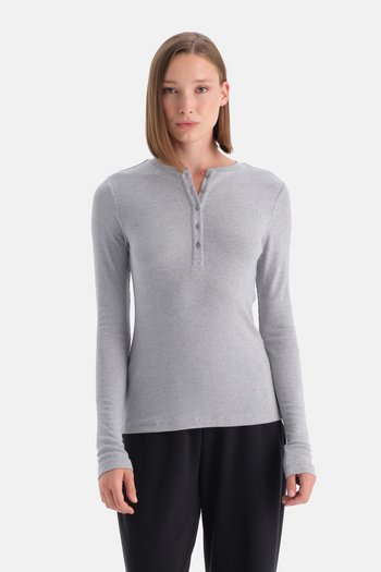 Dagi Half Buttoned Cashmere Modal Long Sleeve T-Shirt