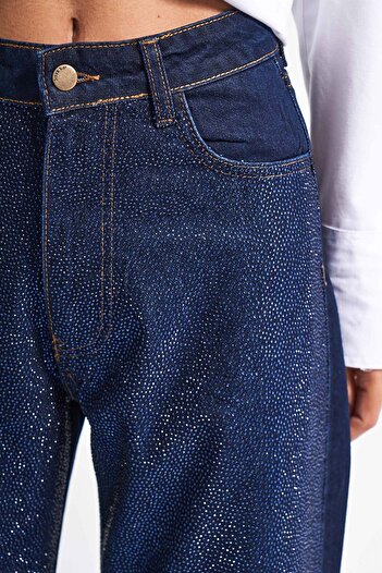 its basic Women's Dark Blue Color T-7W5-50 Straight Fit High Waist Viscose Cotton Fabric Shiny Stone Design Denim