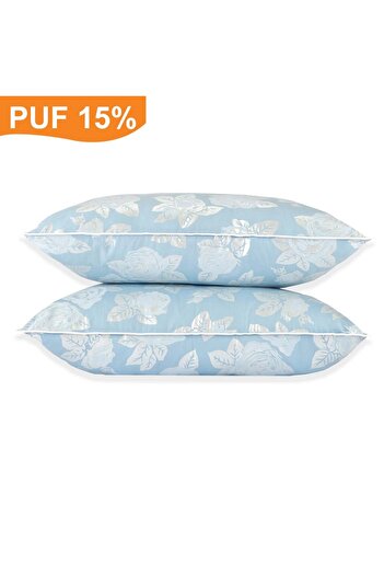 Pernador Set de 2 perne cu 15% puf de gasca si pana, 50x70 cm, Albastru cu trandafiri argintii