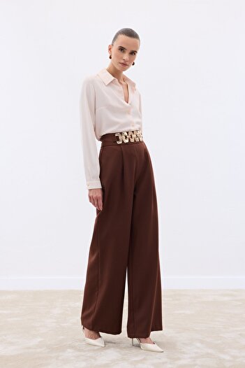 Sateen Belted Casual Trousers - Brown
