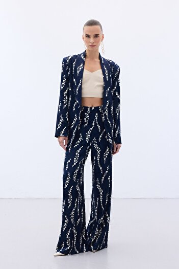 Sateen Patterned Wide Leg Trousers - Navy Blue
