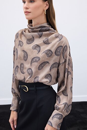 Sateen Degaje Collar Patterned Blouse - Mink