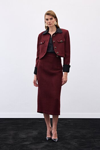 Sateen Tweed Pencil Skirt with Ornamental Buttons - Burgundy