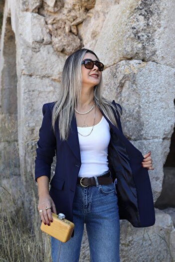 bytugcekaya Navy Blue Premium Ribbed Detail Blazer