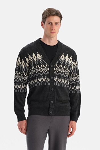 Dagi Anthracite Men's Christmas Patterned Knitwear Cardigan