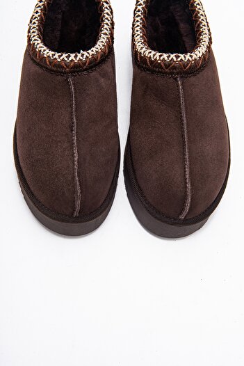 LuviShoes Avelia Brown Suede Genuine Leather Stitched Women's Thick Soled Winter Slippers