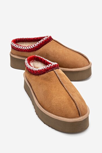 LuviShoes Avelia Tan Suede Genuine Leather Stitched Women's Thick Soled Winter Slippers