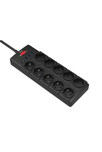 Well Well protected extension cord, 10 Schuko sockets + 3 USB + USB-C ports, 2 m, child protection, black