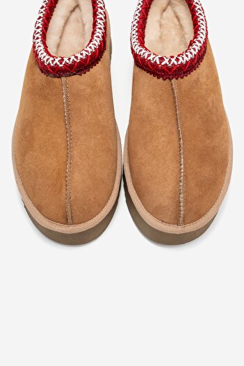 LuviShoes Avelia Tan Suede Genuine Leather Stitched Women's Thick Soled Winter Slippers