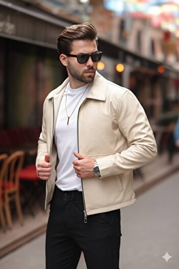 BASEL.CO Δερμάτινο μπουφάν Basic Oversize - Εικονικό σχέδιο με διπλό φερμουάρ