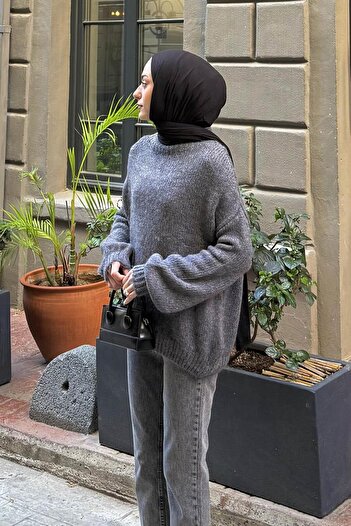 lamelif Stand Collar Balloon Sweater Anthracite
