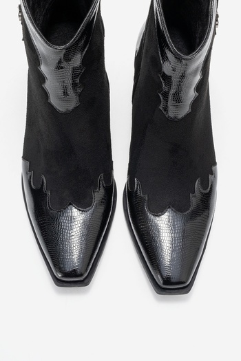 LuviShoes Γυναικείες μπότες Western με χοντρό τακούνι LOEL Μαύρο σουέτ με μαύρο σχέδιο
