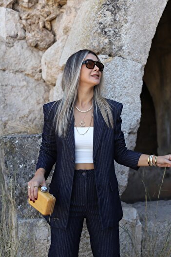 bytugcekaya Navy Blue Striped Single Button Denim Blazer