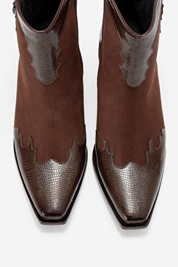 LuviShoes Γυναικείες μπότες Western με χοντρό τακούνι LOEL καφέ σουέντ με καφέ σχέδιο