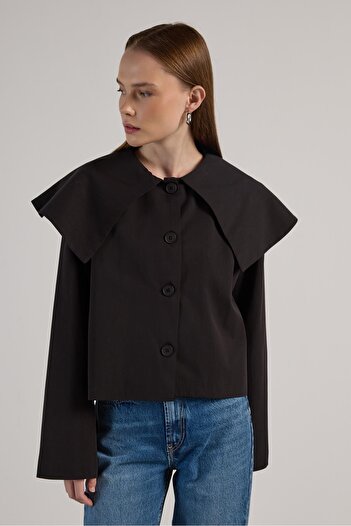 minaaise Women's Black Premium Design Short Trench Coat 30011