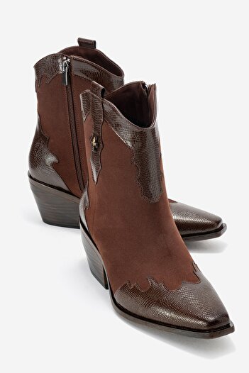 LuviShoes Γυναικείες μπότες Western με χοντρό τακούνι LOEL καφέ σουέντ με καφέ σχέδιο