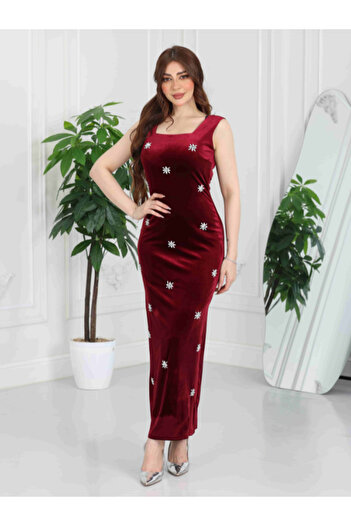 Nice Model Burgundy Velvet Maxi Evening Dress Stone Embellished Sleeveless Formal Party Gown for Women