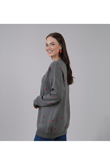 hayal giyim Elegant Bow Embroidered Knit Sweater - Gray