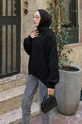 lamelif Πουλόβερ με ψηλό γιακά μπαλόνι μαύρο