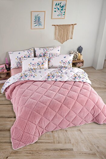 Otelonia Striped Jakarlı Wellsoft Çift Kişilik Uyku Seti Lastikli Çarşaflı 4 Parça Bahar