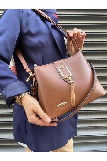 H&D COLLECTİON Very Stylish Tassel Detailed Hand and Shoulder Bag with 2 Straps and 3 Compartments, Suitable for Daily Use