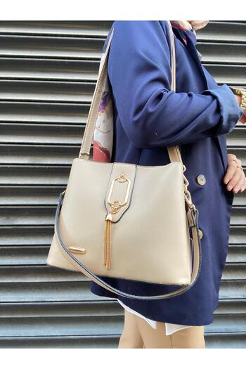 H&D COLLECTİON Very Stylish Tassel Detailed Hand and Shoulder Bag with 2 Straps and 3 Compartments, Suitable for Daily Use