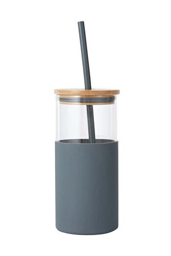 SUPPLIER Glass Cup with Lid and Straw | Grey Tumbler with Lid and Straw, Coffee Cup, Tea Cup | With Protectiv