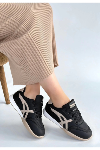 kapsulavm Zlay Black Leather Beige Detailed Lace-Up Sneakers
