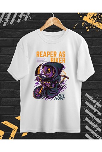OEM - Men's T-shirt with Print, Reaper as Biker, Cotton, White, S INTL