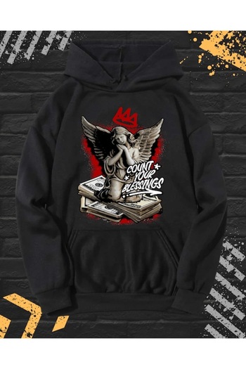 OEM - Men's Printed Hoodie, Count your Blessings, Cotton, Black, S INTL