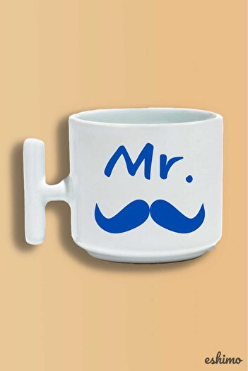 Eshimo Mr. Written Blue Mustache Printed Porcelain Mug with Handle