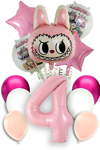 PARTİAVM 4 Year Old Lubabu Themed Birthday Balloon Set Pink Number Flying Balloon Macaron Pink White Balloon