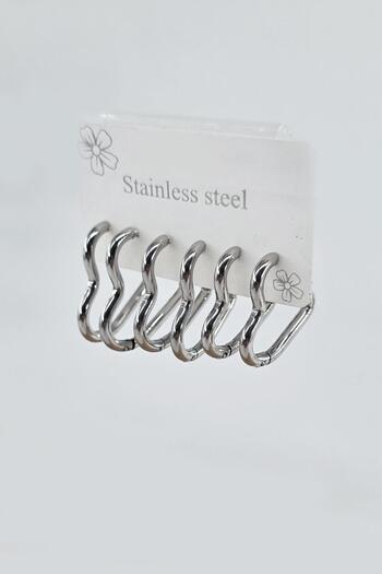By Zeyna Aksesuar Women's 316 L Stainless Steel Anti Allergenic 3 Sizes 6-Piece Geometric Earring Set