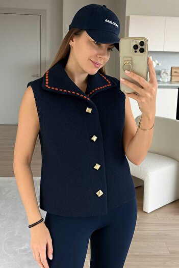NOTCHTR Kaın Gold Buttoned Polo Neck Knitwear Navy Blue Vest