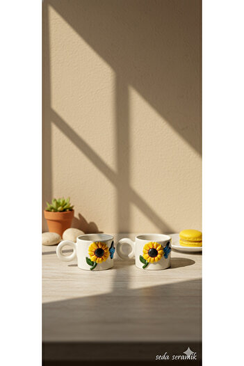 seda seramik Handmade Set of 2 Sunflower Butterfly Design Coffee Mug Cup 200 ml