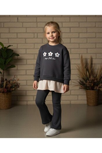 Magu Girls' Cotton Anthracite Floral Embroidered Sweatshirt and Flare Leggings Set - Layered Ruffle Detail