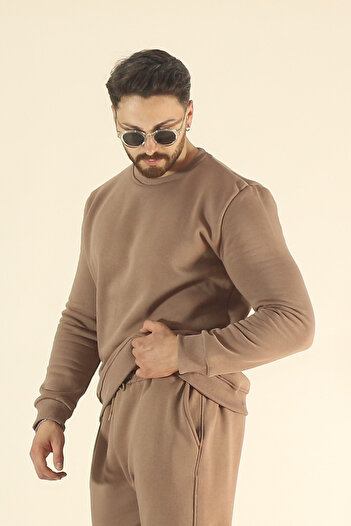 EydaMoon Men's Winter Fleece Lined Puff Fabric 3-Thread Crew Neck Tracksuit Set - Brown