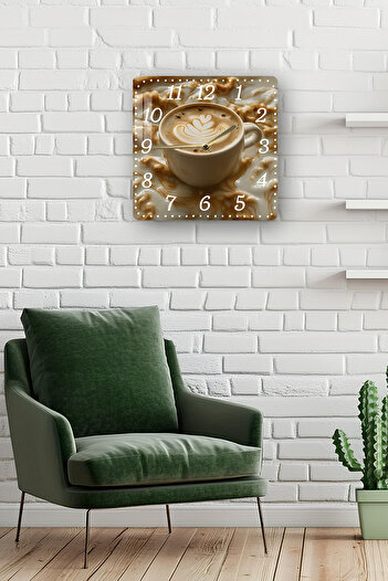 kutuTR Coffee Themed Tempered Glass Square Clock 33X33 cm Size Uv Printing - Kcs028