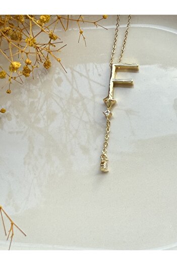 Blotch Far City Popular Dangling Zircon Stone Detailed F Letter Steel Necklace 2 cm