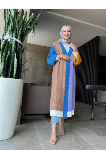 bergibo Triko Quality Long Cardigan - Women's Triko Long Colorful Buttoned Cardigan